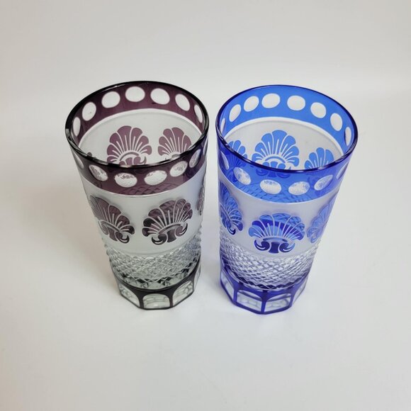 2 Godinger Shannon Crystal Clam Shell Cut to Clear Blue Amethyst Highball Glass - Picture 2 of 4